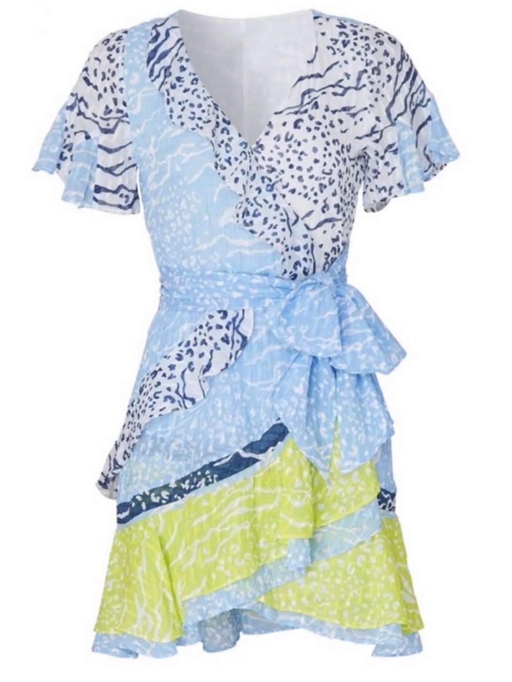 Tanya Taylor Sulk Blue & Lime Printed Ruffle Wrap Dress